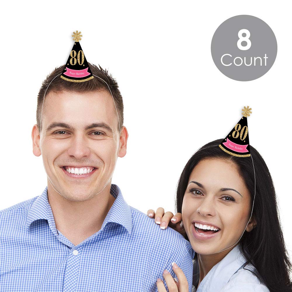 Big Dot of Happiness Chic 80th Birthday - Pink, Black and Gold - Mini Cone Birthday Party Hats - Small Little Party Hats - Set of 8