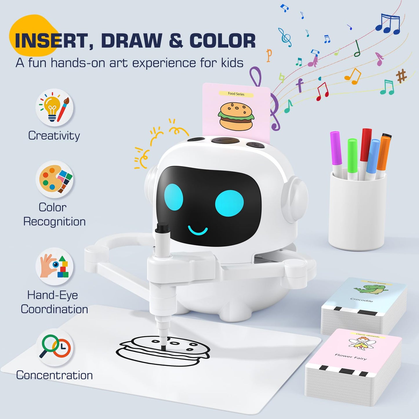 Drawing Robot for Kids, 200 Cards Voice Interactive Educational Toy for 3 4 5 6 7 8 Year Old Boys and Girls. Montessori Painting Learning Robot