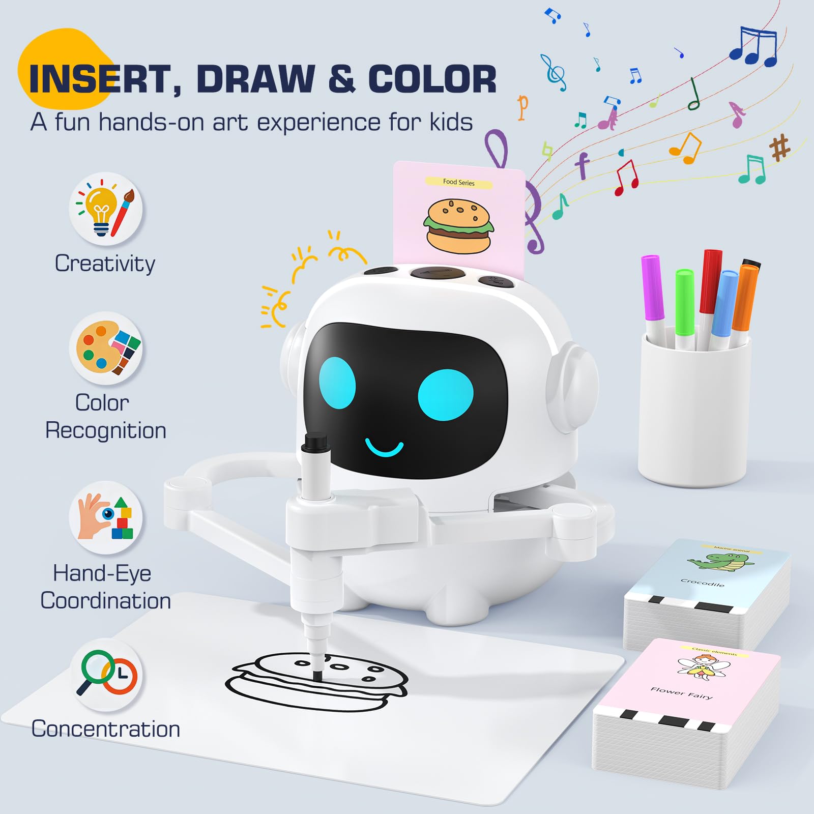 Drawing Robot for Kids, 200 Cards Voice Interactive Educational Toy for 3 4 5 6 7 8 Year Old Boys and Girls. Montessori Painting Learning Robot