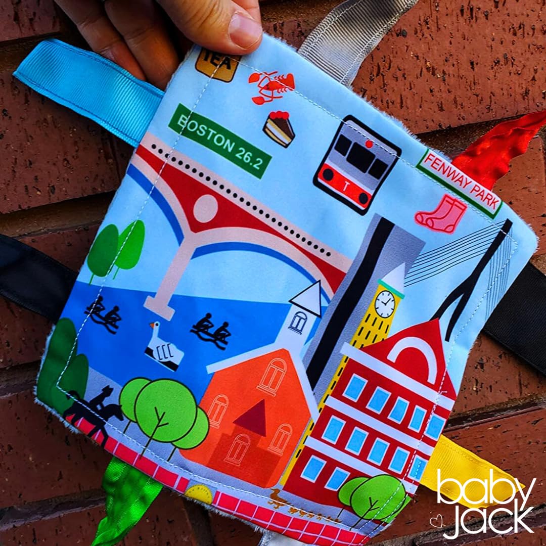 Baby Jack & Co 8x8” Learning Lovey Boston Massachusetts Tag Toys for Babies - Baby Crinkle Toys - Soft & Safe - Learn USA Cities and Shapes - Ideal