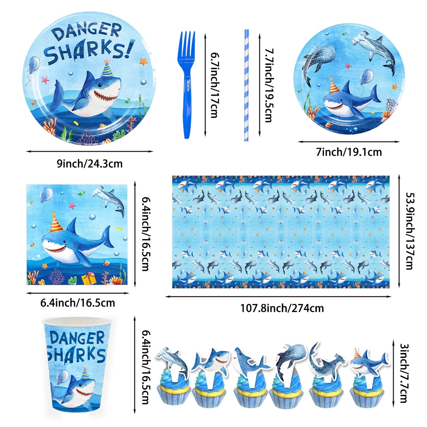 Diosnase Shark Birthday Party Decorations, Shark Party Supplies for 20 Guests with Banner, Hanging Swirls, Tablecloths, Plates, Napkins, Cups, Forks
