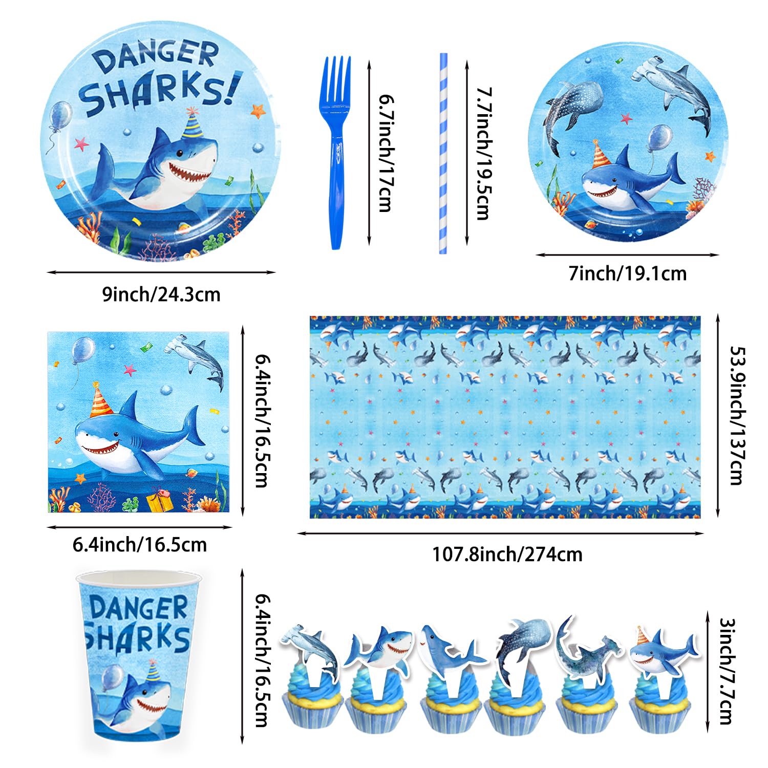 Diosnase Shark Birthday Party Decorations, Shark Party Supplies for 20 Guests with Banner, Hanging Swirls, Tablecloths, Plates, Napkins, Cups, Forks