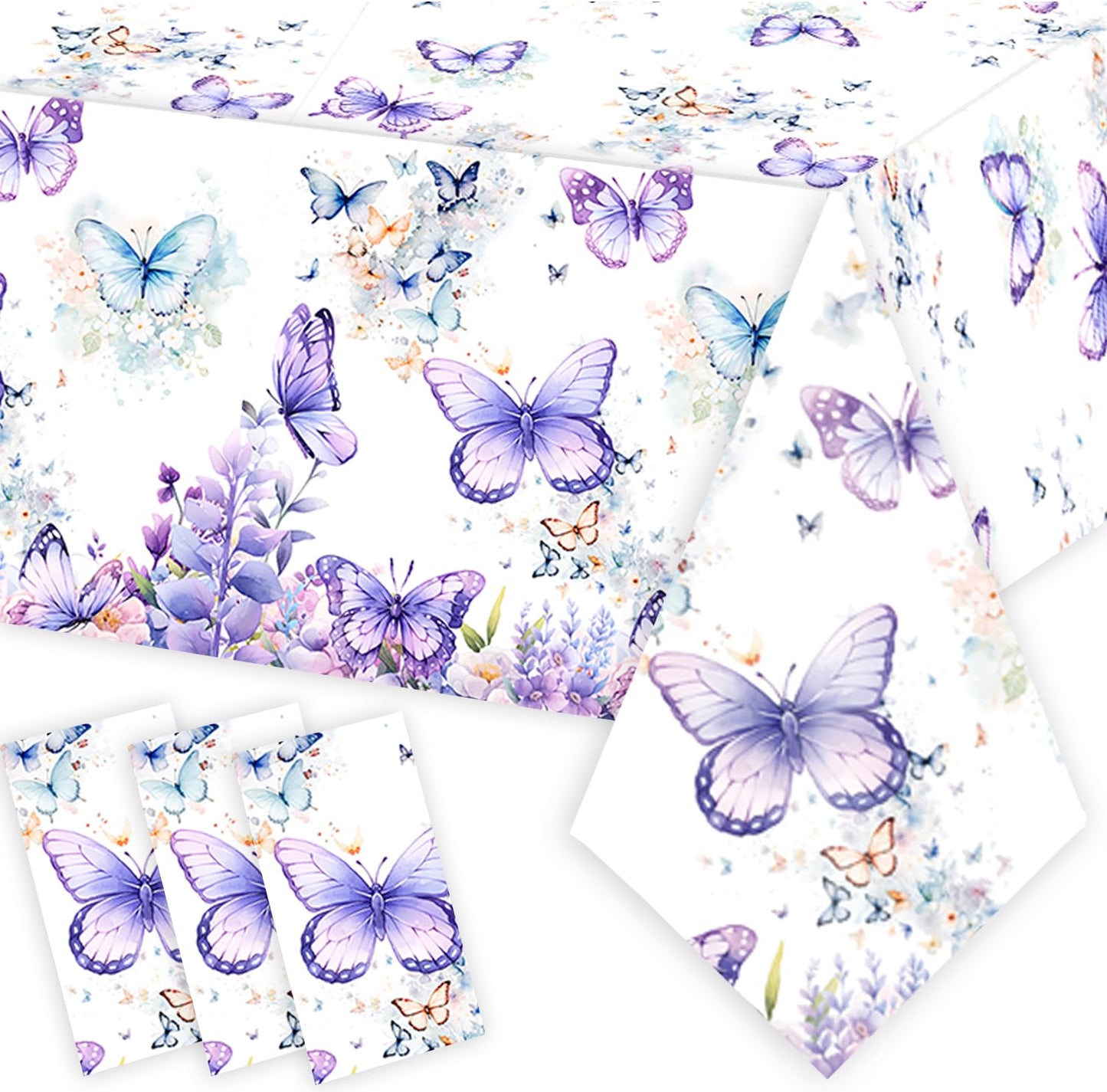 Letromp 3 Pcs Butterfly Birthday Tablecloth Watercolor Purple Butterfly Table Covers for Spring Butterfly Theme Girls Baby Shower 1st 2nd 3rd 4th Bday