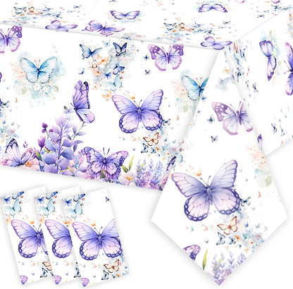 Letromp 3 Pcs Butterfly Birthday Tablecloth Watercolor Purple Butterfly Table Covers for Spring Butterfly Theme Girls Baby Shower 1st 2nd 3rd 4th Bday