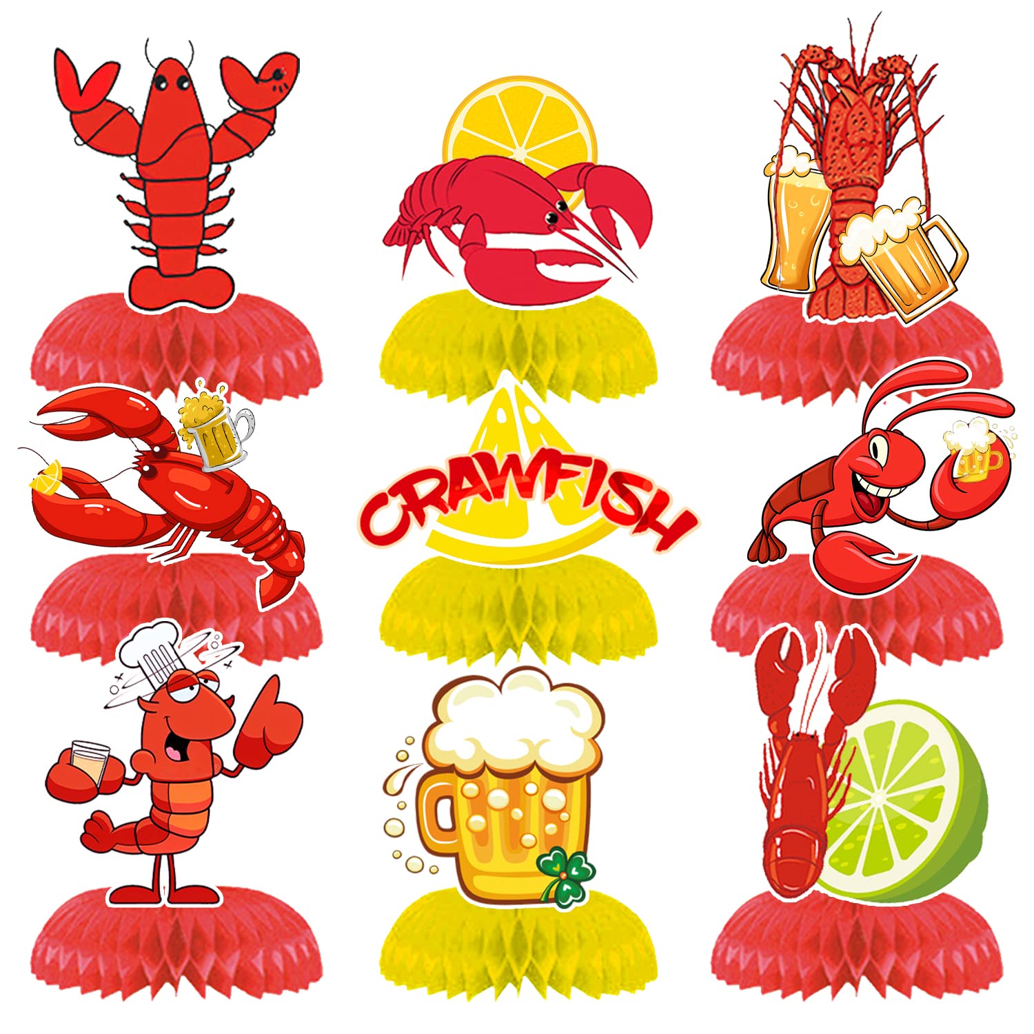 9PCS Crawfish Boil Honeycomb Centerpieces 3D Table Topper Lobster Double Side Centerpieces for Crayfish Crab Seafood Shrimp Boil Theme Party Supplies