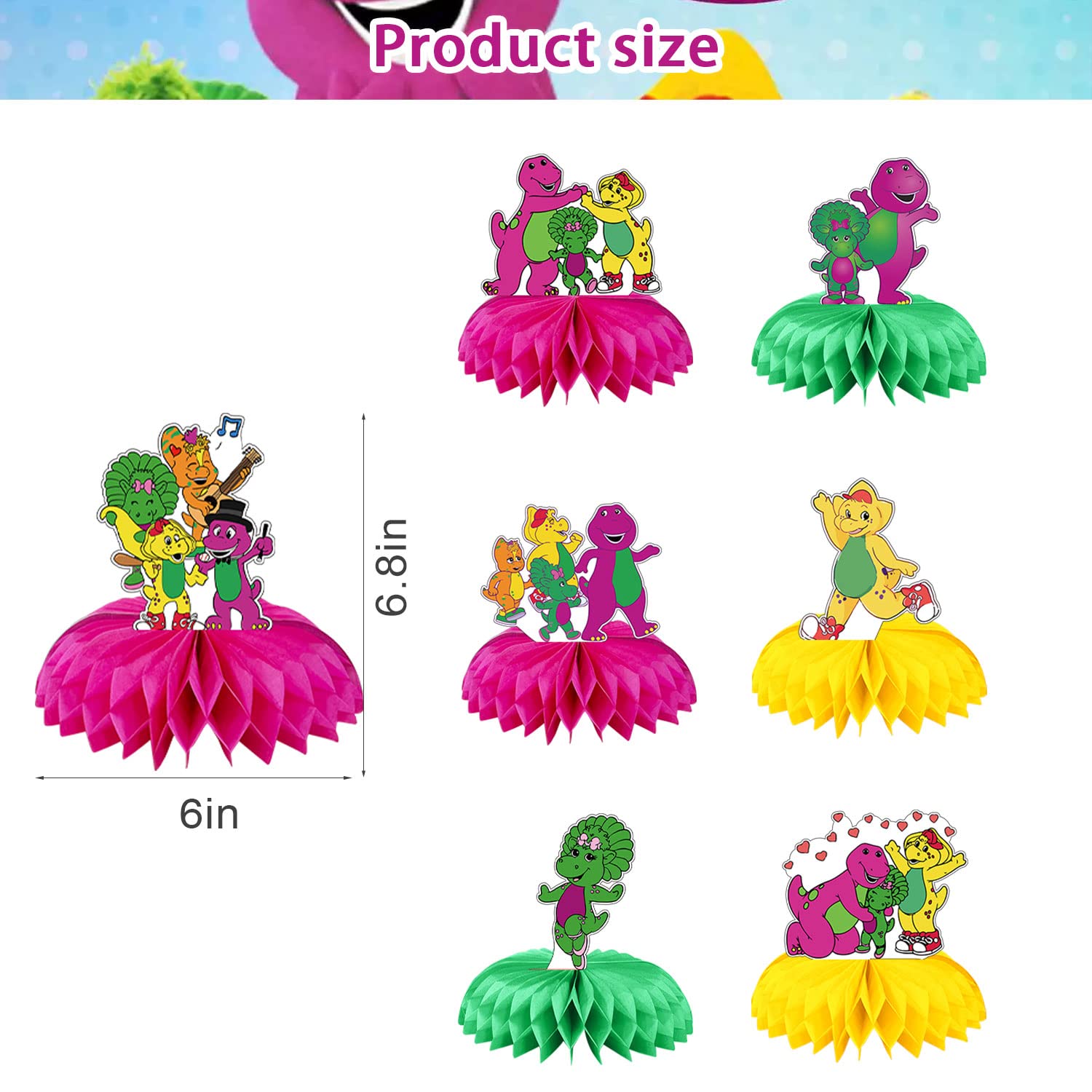 Barney Party Decorations Honeycomb Centerpiece, 7 Pieces Barney Purple Dinosaur Theme 3D Double Side Cake Toppers Table Centerpieces, Barney Photo