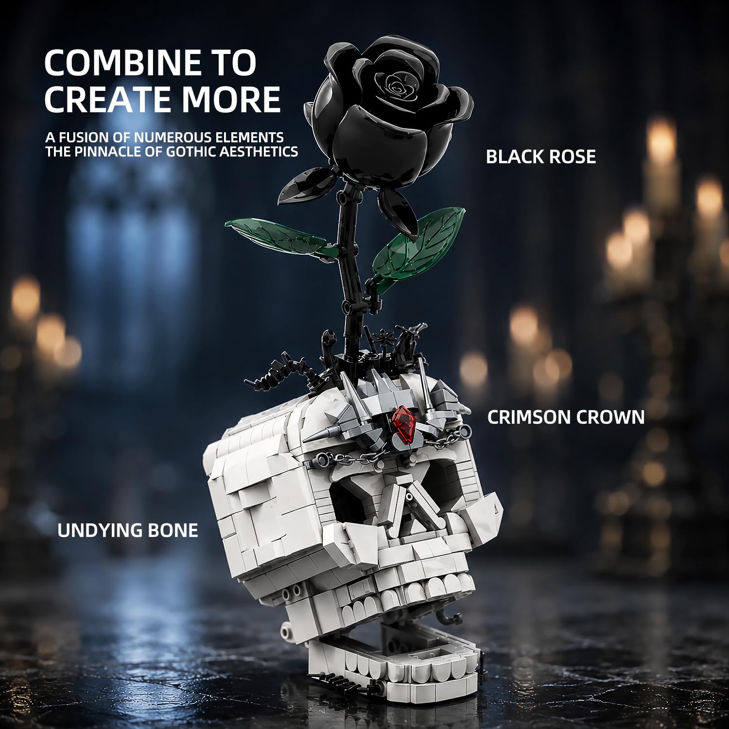 JYLWSMHU 3 in 1 Gothic Skull with Black Rose Building Block Set 698 Pcs Botanical Model Kit for Adults & Teens Dark Aesthetic Skeleton Construction