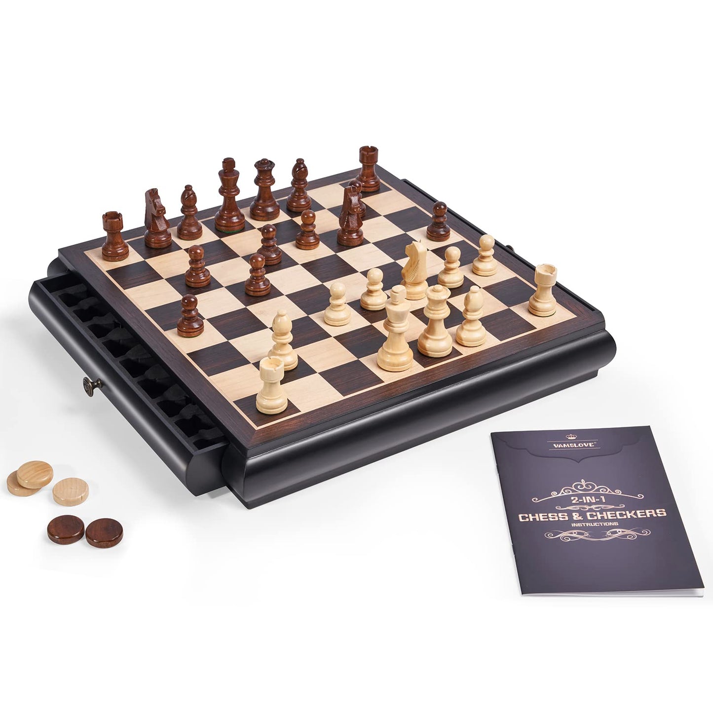 VAMSLOVE Wooden Chess Checkers Game Set 15.5" Large Size Board w/Storage Drawers, Weighted Chess Pieces - 2 Extra Queens 3" King, Gift for Birthday