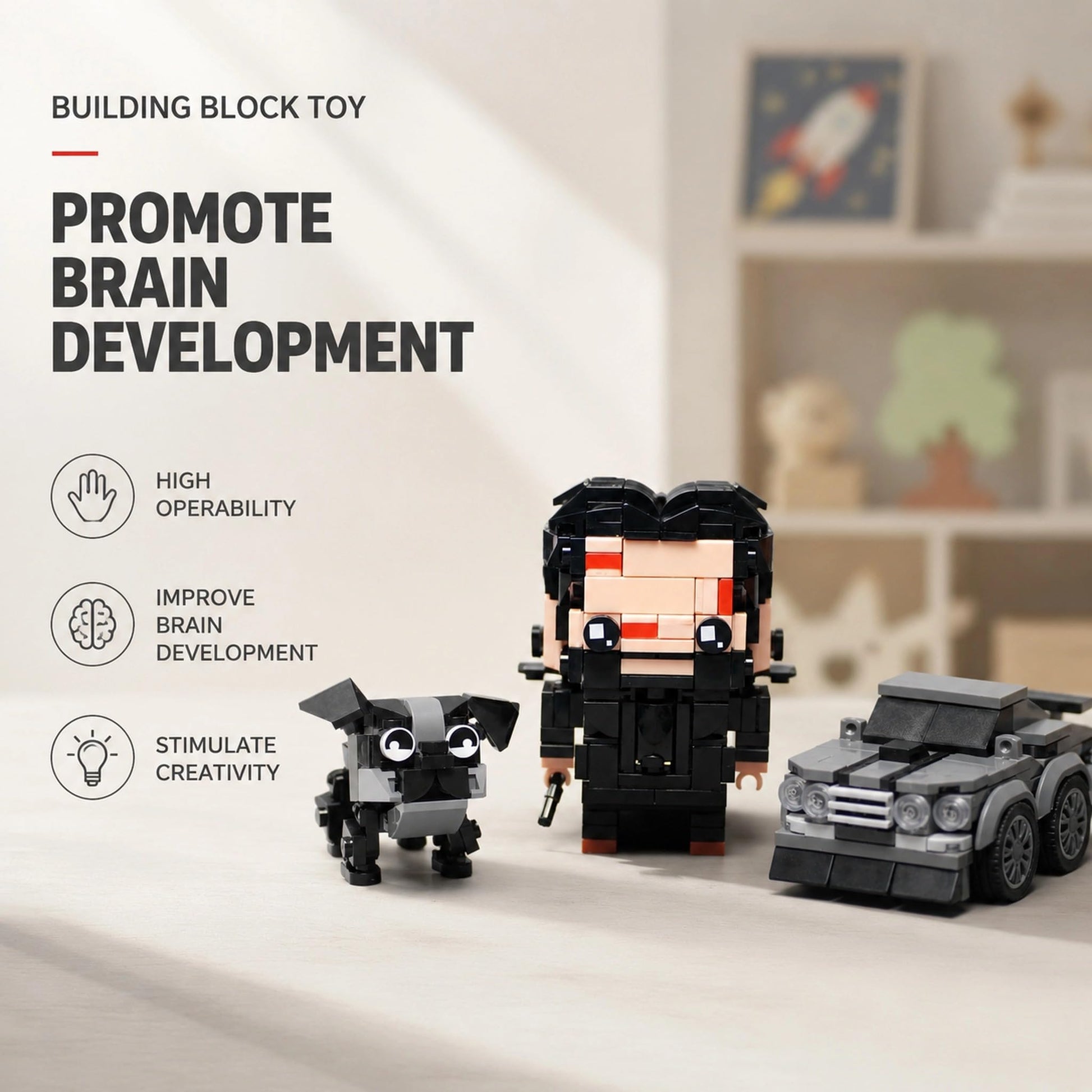 Horror Action Figure & Muscle Car Building Set Compatible with Lego for Adults, John with Dog Buildable Movie Characters, Gifts for Men's Desk Decor