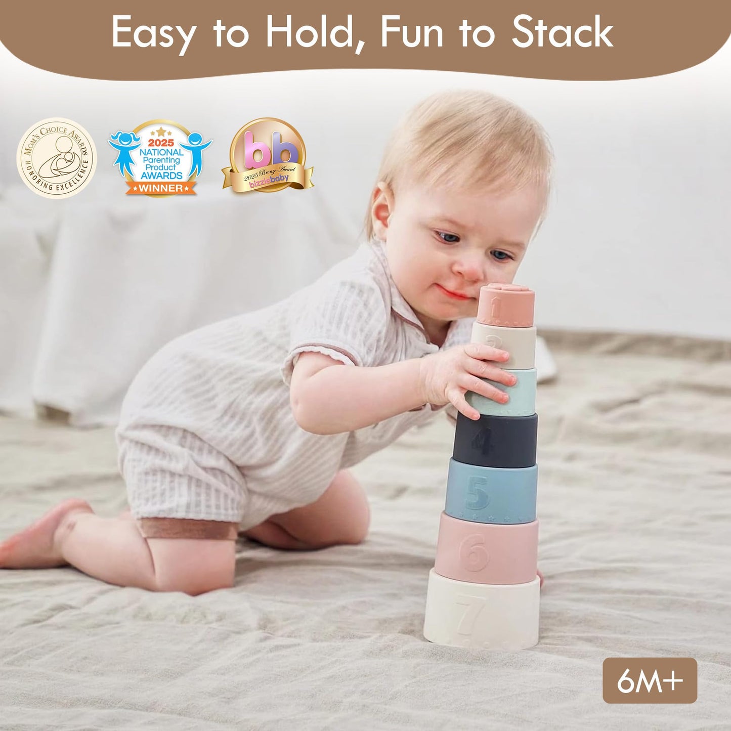 Moonkie Stacking Cups Toy, Fun Educational Baby Toys Silicone Soft Teething Toy, Age 6+ Months, 7 Piece Set