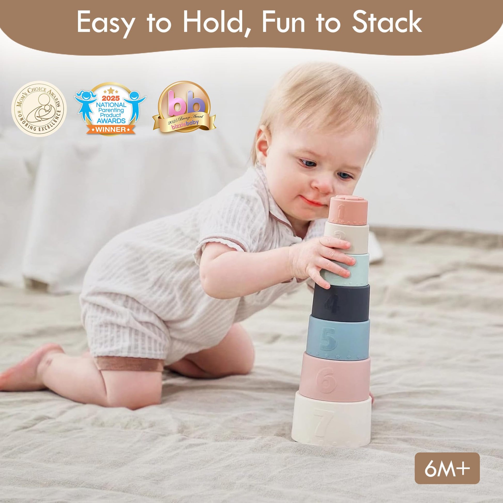 Moonkie Stacking Cups Toy, Fun Educational Baby Toys Silicone Soft Teething Toy, Age 6+ Months, 7 Piece Set