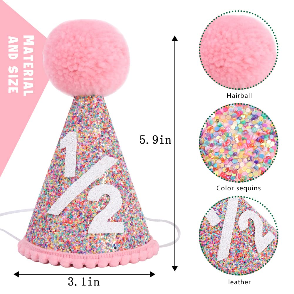 SYESQL Half Birthday Rainbow Cone Hat - Glitter Half Hats Pink,6 Months Party Decor (1/2 Rainbow Hat)