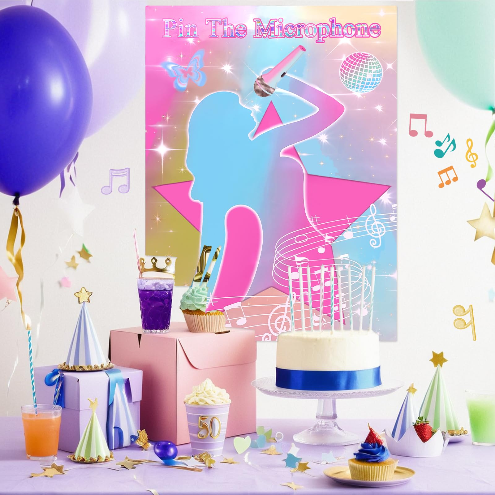 JUNUO Pin The Microphones On The Famous Singers Party Games, Suitable for Music-Themed Party Supplies Decoration, Pop Singers Party,Pink Girl