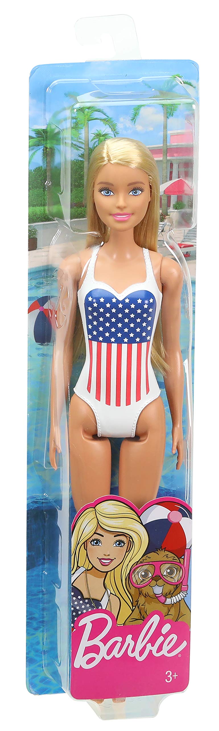 Barbie GPB17 Beach Blonde Doll One-Piece Swimsuit with American Flag Inspired Design for Children Toy