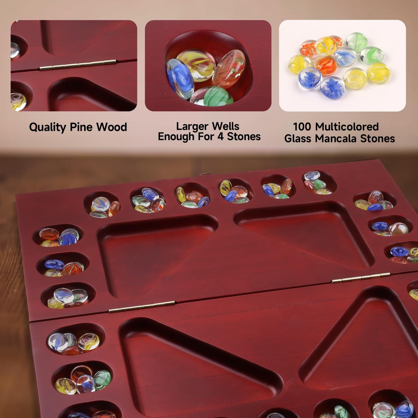 GSE Games & Sports Expert 4-Player Mancala Board Game with Multi-Color Glass Stones, Folding Wooden 4-Way Mancala Family Travel Strategy Games Set