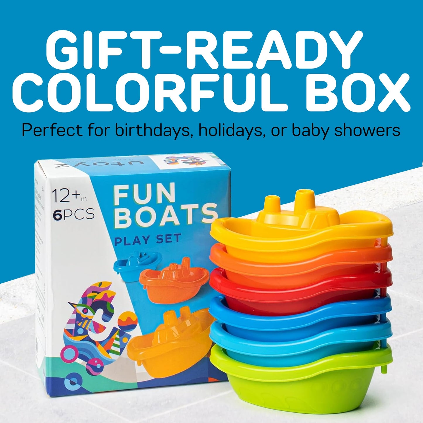 uToyz Stackable Toy Boat - 6pcs Educational Water Toys for Toddlers 1-3, Baby Pool Essentials, Baby Bath Toys for Kids Ages 1-3 & Toddler Pool Toy