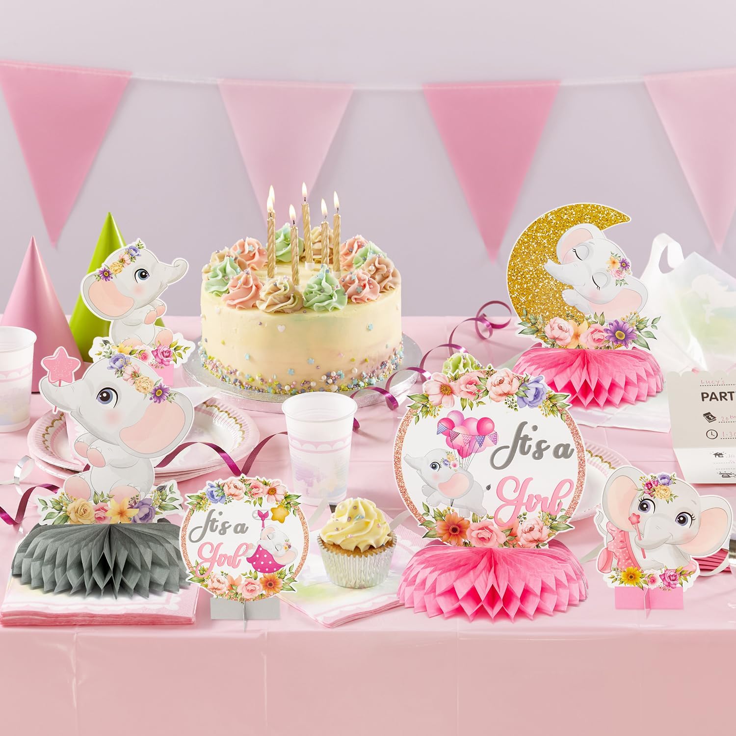 12Pcs Pink Floral Elephant Honeycomb Table Centerpieces It's a Girl Baby Shower Table Toppers Elephant Gender Reveal Party Decor Welcome Baby Girls