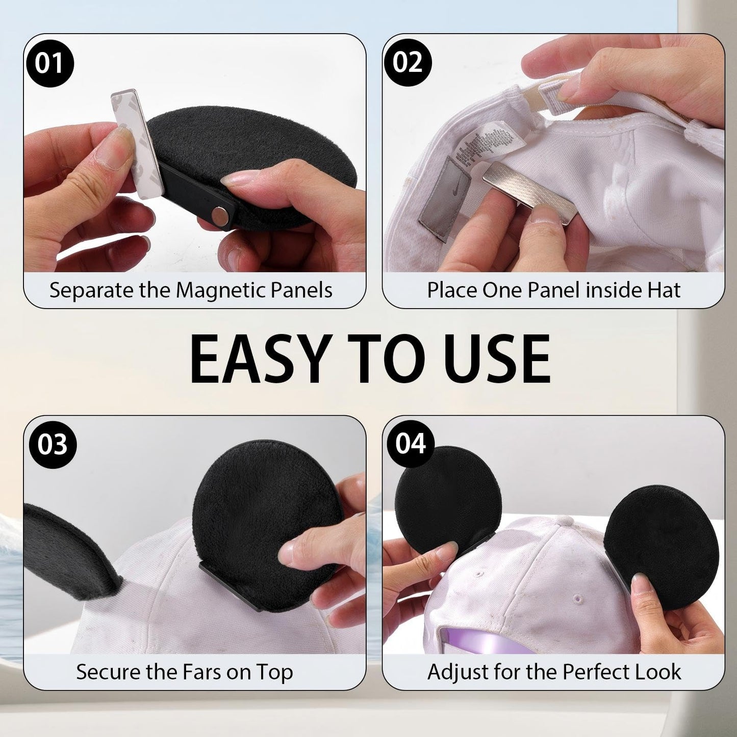 4 Pcs Magnetic Mouse Ears for Hats, Removable Magnet Minni Ear for Cap, Interchangeable Mouse Ears for Baseball Hat, Clip-On Hat Accessory, Adults