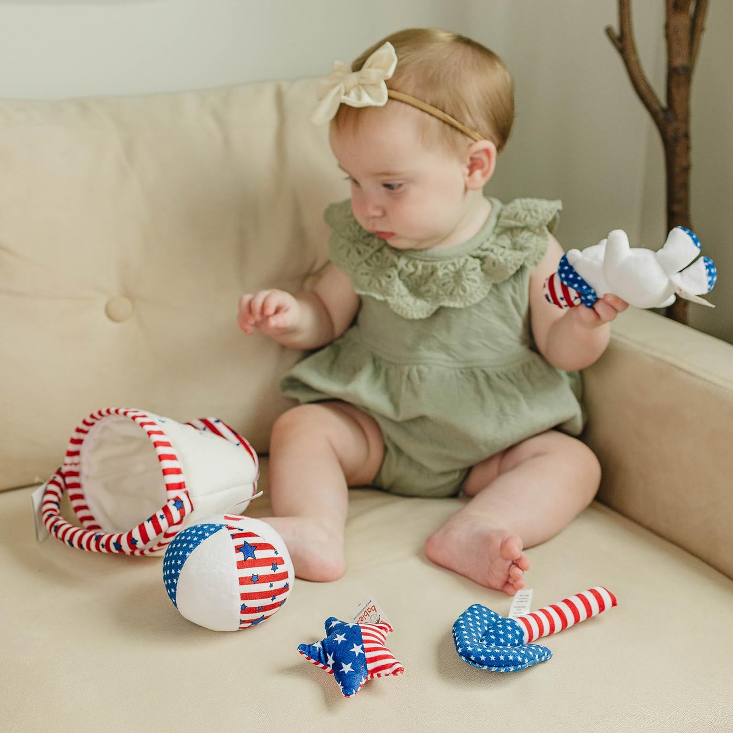 Genius Baby Toys My First 4th of July Baby Toy, Patriotic Plush Sand Bucket with 4 Sensory Toys - Teddy Bear, Shovel, Beach Ball & Sea Star, Summer