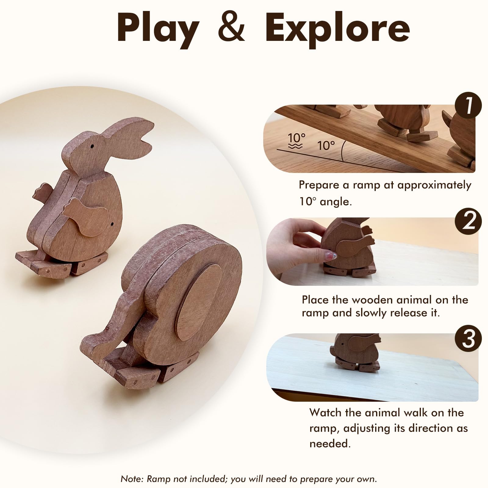 Handmade Walking Wooden Animals Pull and Push Walkable Elephant Pull Along Walking Turtle Mechanical Balance Rabbit Walker Sculpture Wooden Animals