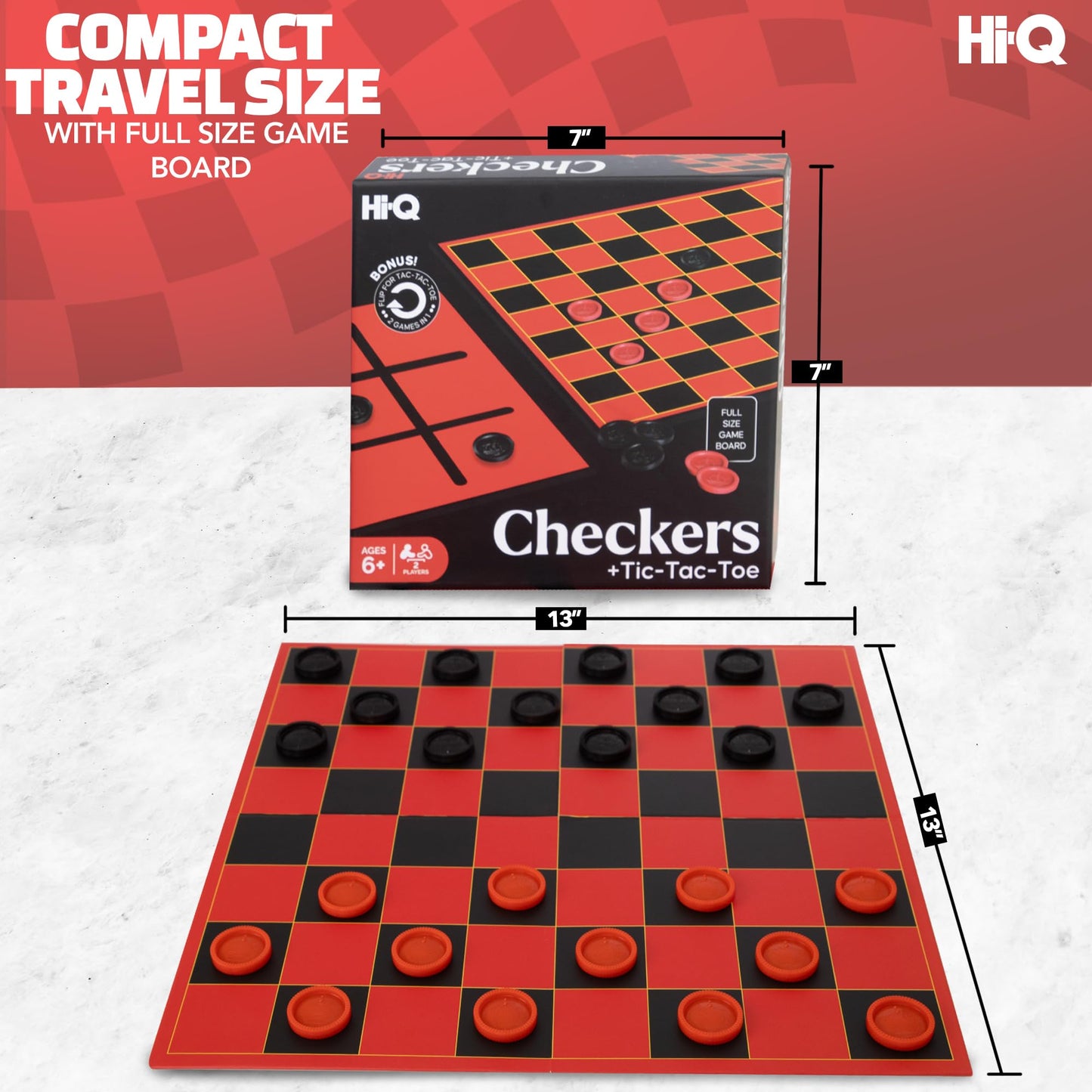 HI-Q Checkers & Tic-Tac-Toe Board Game Set - Classic Strategy for Kids & Family - Features Interlocking Stacking Pieces & Folding Board - Ages 6+