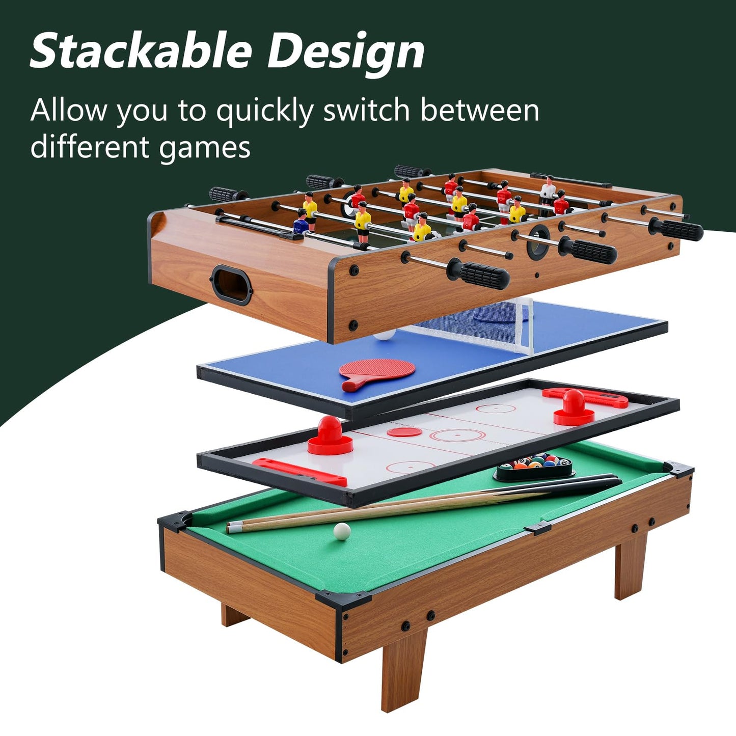 Goplus 4 in 1 Multi Game Table, Combination Game Table Set with Pool Billiards, Air Hockey, Foosball, Table Tennis, Stackable Combo Tabletops