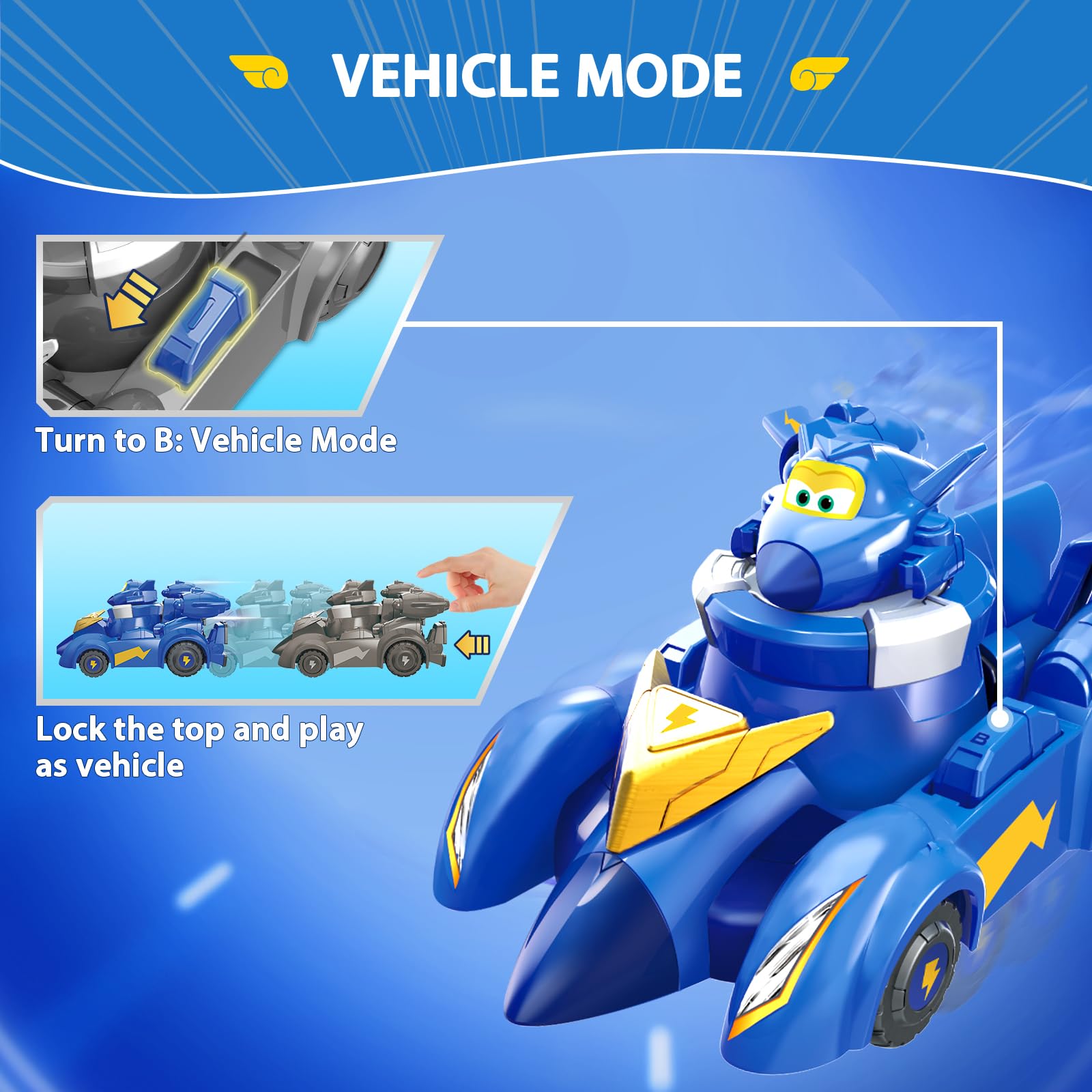 Super Wings Race Car Toys, 5 in Jerome Spinning Tops and Race Car Toys for Kids, 2-in-1 Mode Vehicle Toys Cars for 3 4 5 6 7 8 Year Old Boys
