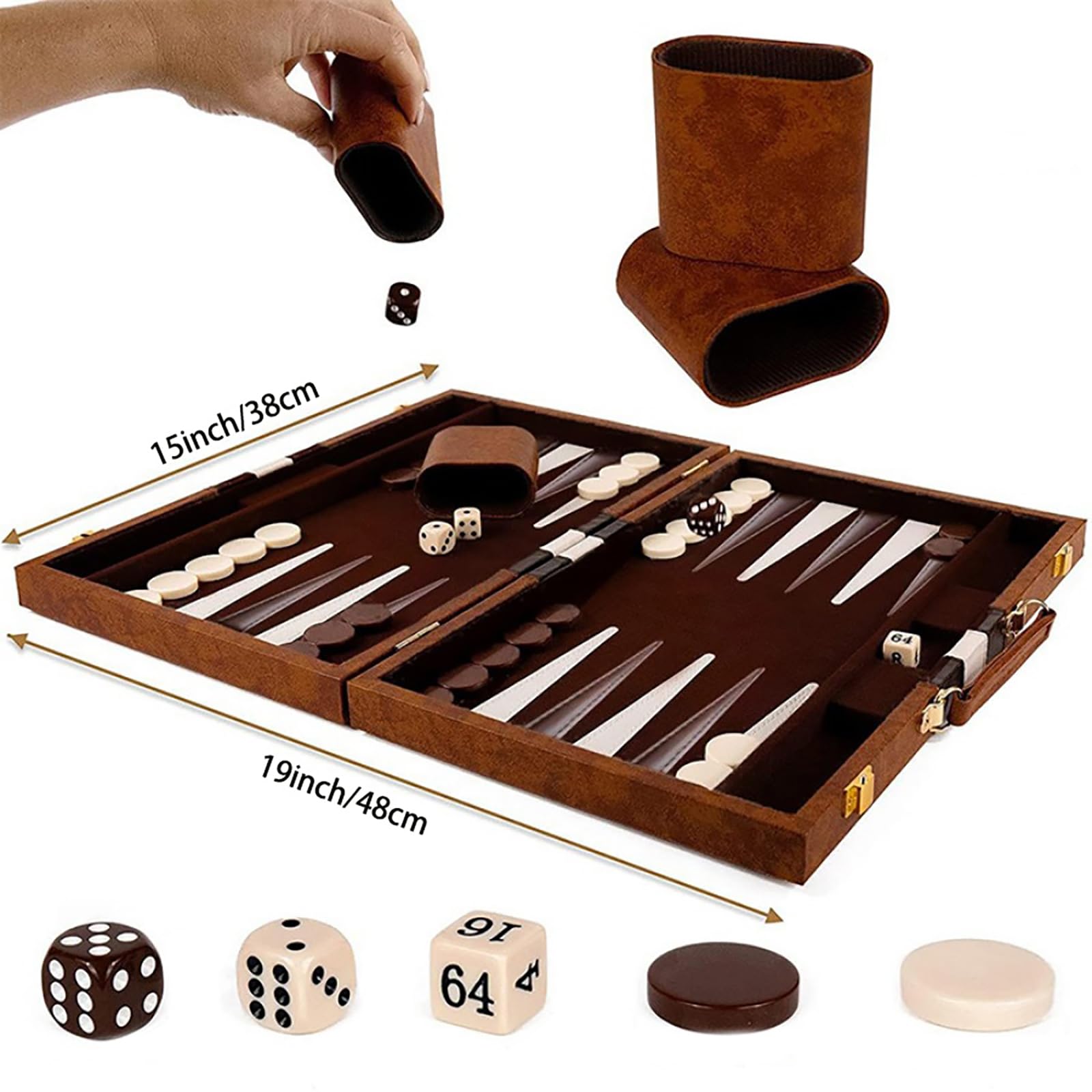 15inch Backgammon Set Classic Folding Board with Leather Case, Portable Travel Game, Ideal Gift Package for Strategy Lovers