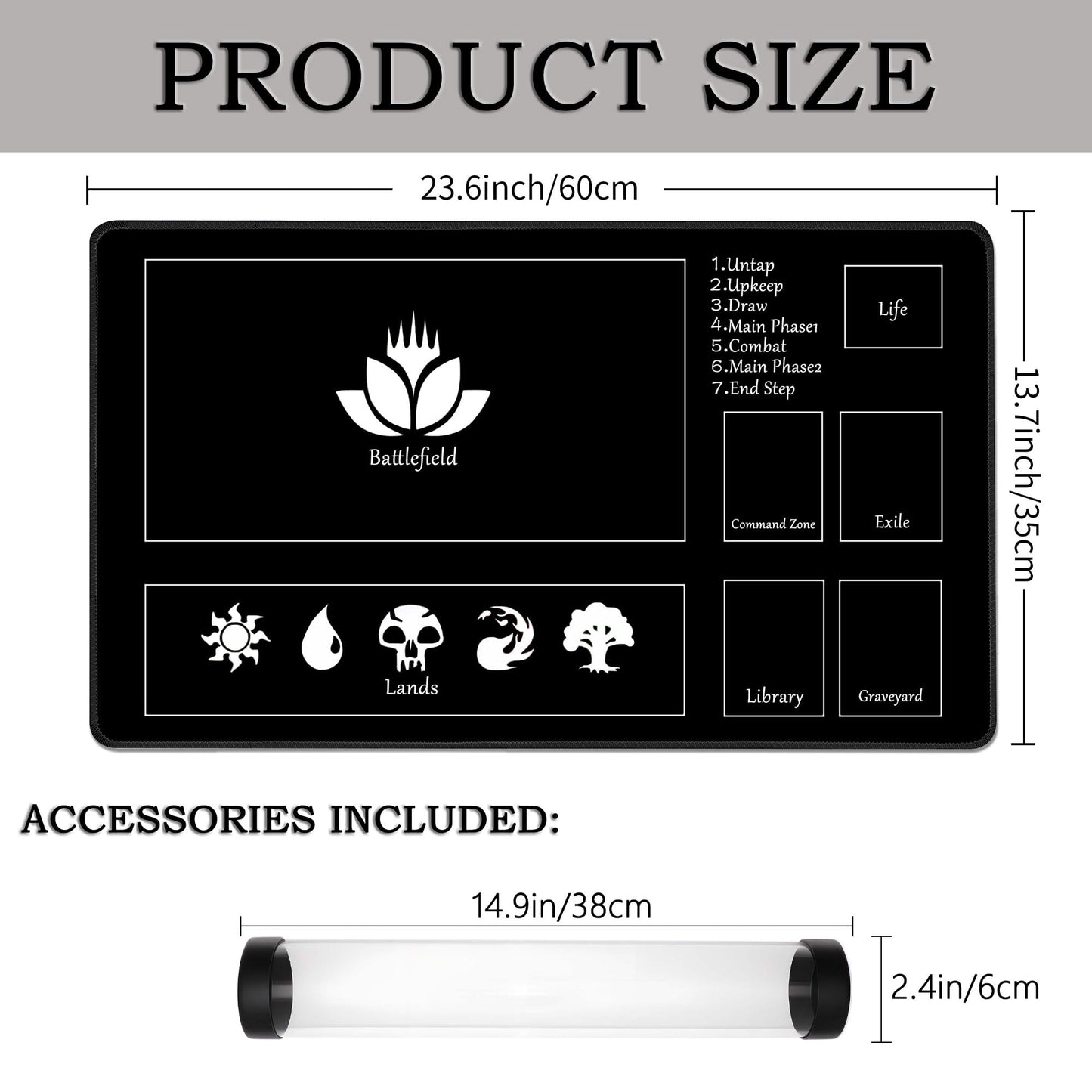 MTG Playmat Stitched Card Game Mat for Magic The Gathering, Play Mat with Storage Tube for MTG Card Game Playing (Black, 24x14 inch with Zone)
