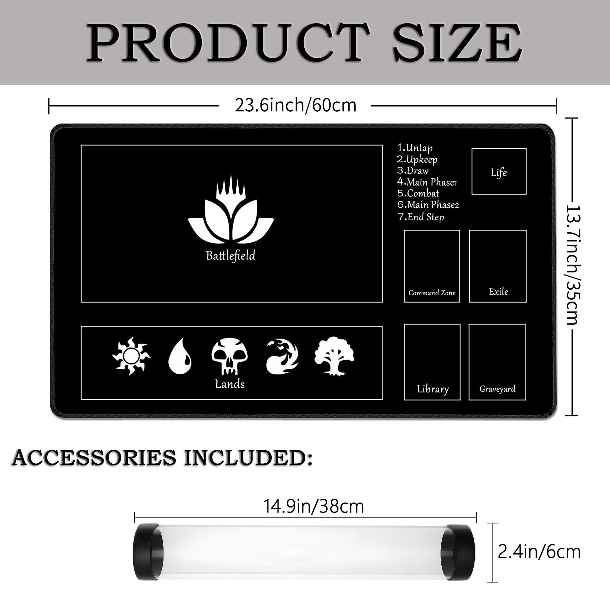 MTG Playmat Stitched Card Game Mat for Magic The Gathering, Play Mat with Storage Tube for MTG Card Game Playing (Black, 24x14 inch with Zone)