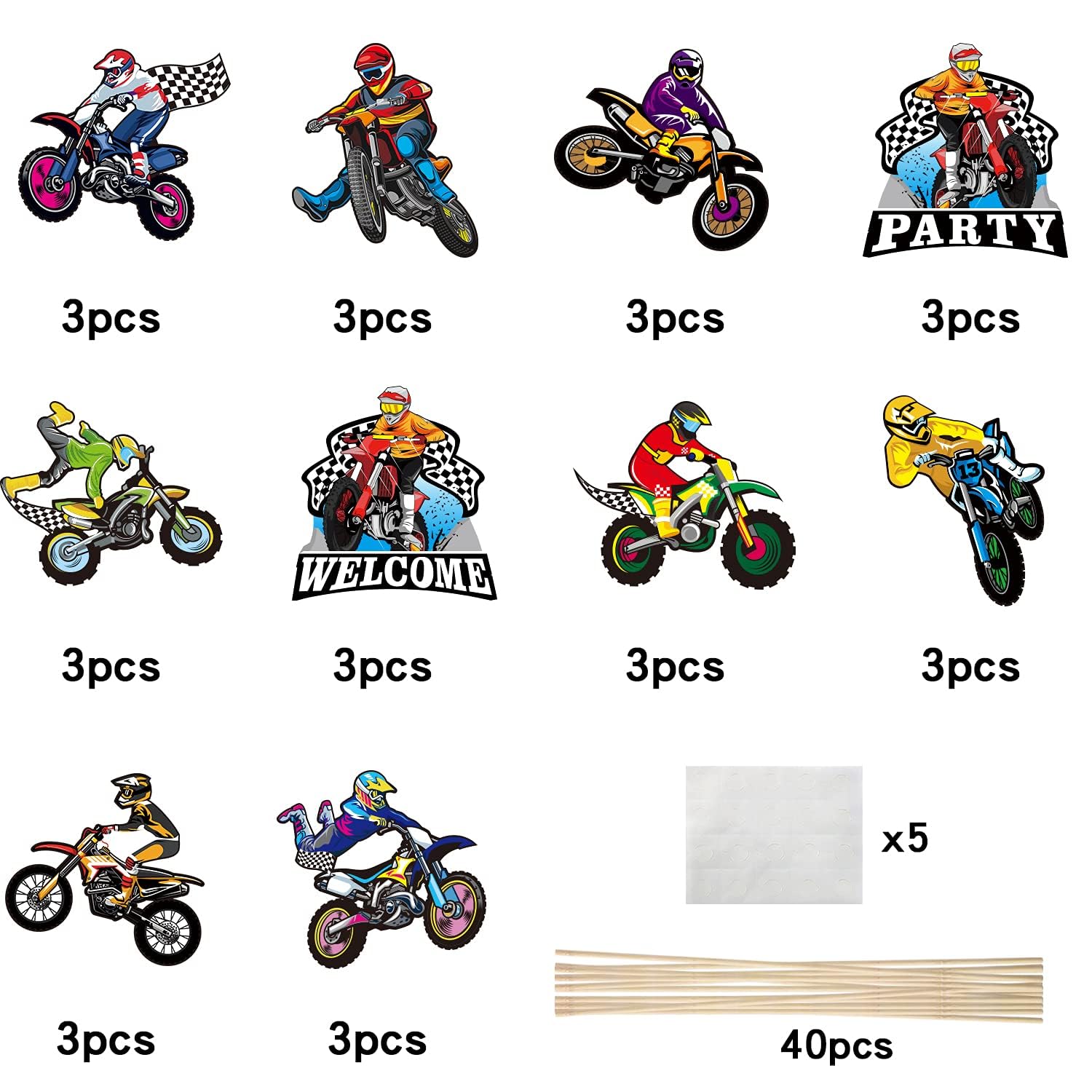 ANGOLIO Dirt Bike Birthday Party Centerpiece Sticks, 30Pcs Motocross Themed Party Table Toppers for Men Boys, Extreme Sports Racing Birthday Ideas