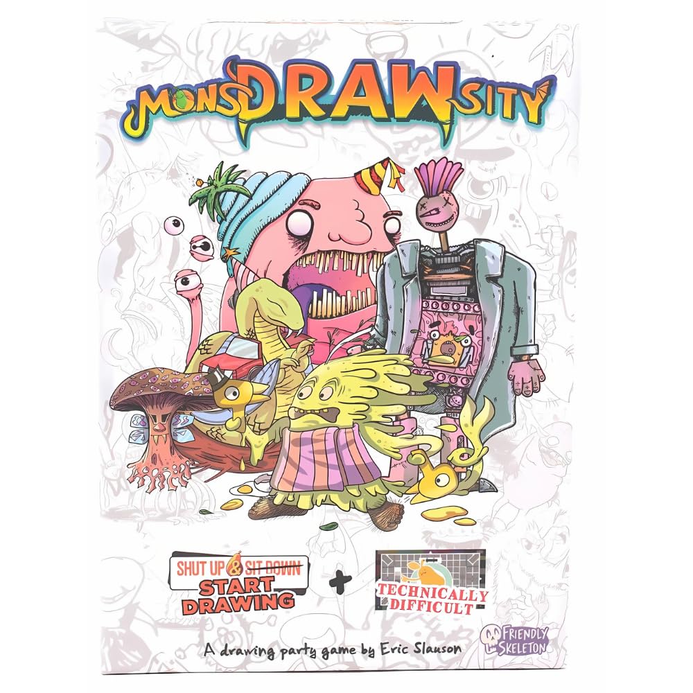 Friendly Skeleton, MonsDRAWsity The Board Game Bundle: Unusual Suspects, SUSD Draws & Technically Difficult Expansion, and Enamel Pin (3 Items)