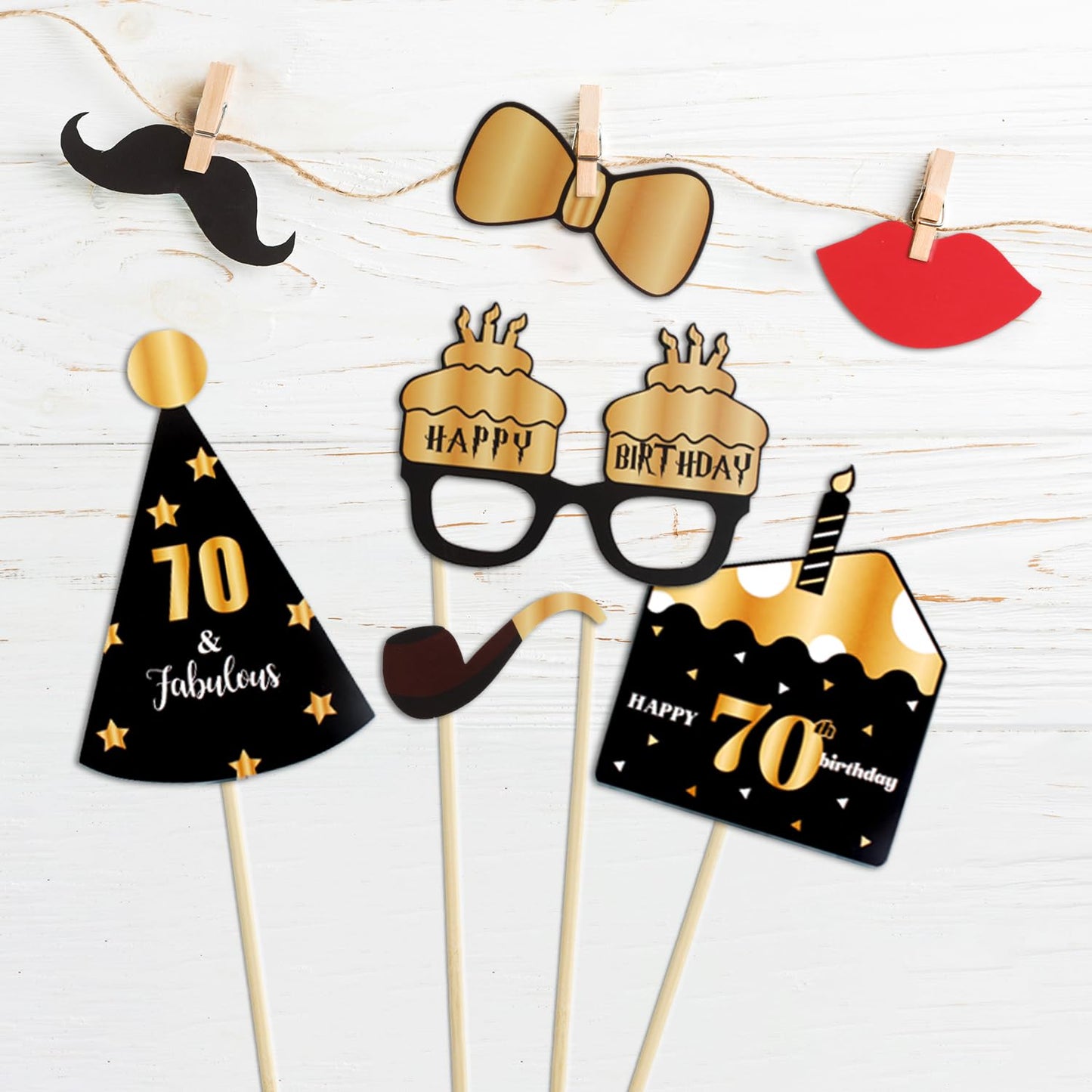 LINGTEER Happy 70th Birthday Party Photo Booth Props,Cheers to 70th Birthday Seventy Years Old Bday Party Centerpieces Props Decorations Sign.