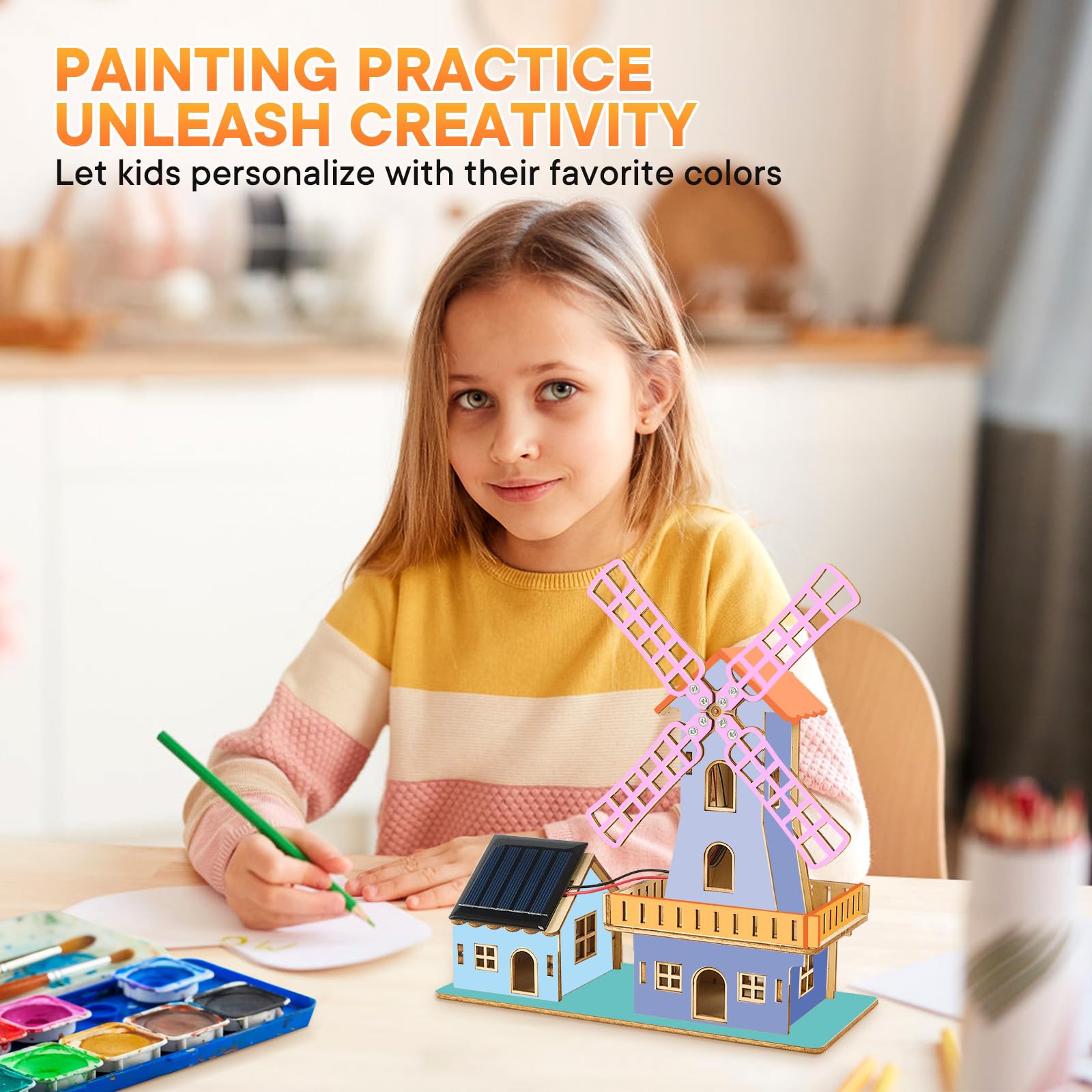 STEM Solar-Powered 3D Wooden Puzzle Kit - DIY Dutch Windmill House Building Toy | Educational Science Craft for Kids 8-15 & Adults | Hands-On Creative