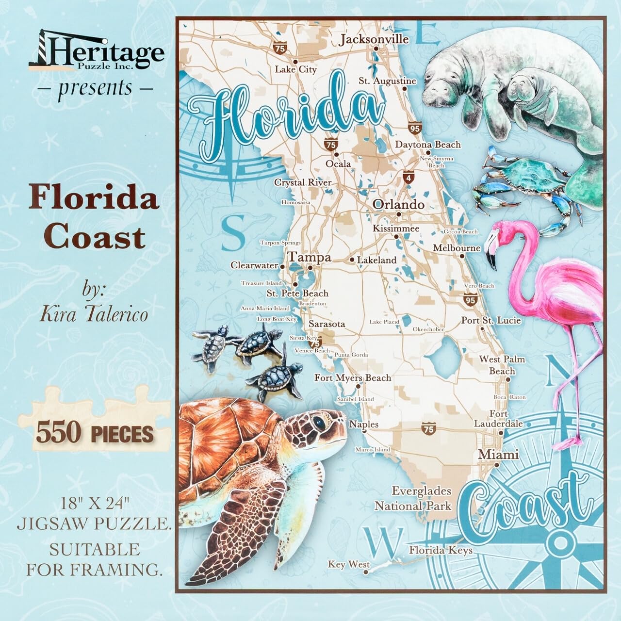 Heritage Puzzle - Florida Coast by Kira Talerico 550 Piece Puzzles for Adults & Family, Map & Wildlife Theme, Manatee & Flamingo Art - Frameable
