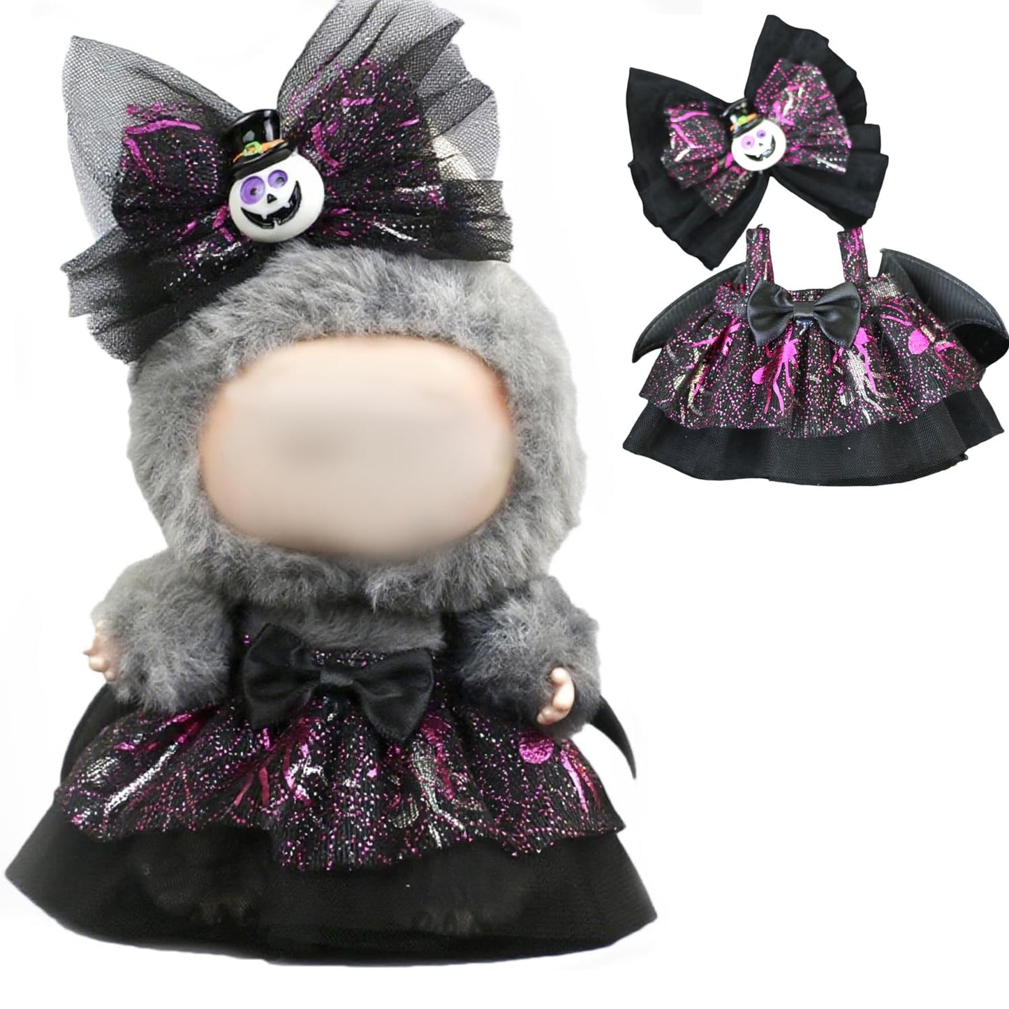 Halloween Doll Clothes, 2-Piece Fashion Bat Dress Jumpsuit with Pumpkin Decoration for Dolls Labubu Accessories, Overalls with Accessories