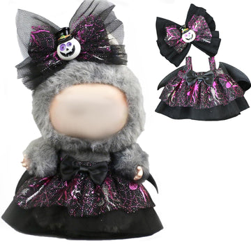Halloween Doll Clothes, 2-Piece Fashion Bat Dress Jumpsuit with Pumpkin Decoration for Dolls Labubu Accessories, Overalls with Accessories