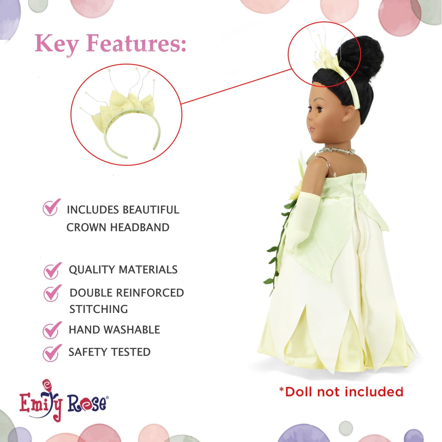 Emily Rose 18 Inch Doll Clothes 5-PC Princess Gown Halloween Costume Dress and Accessories Set with Crown, Necklace, Gloves and Matching Shoes | Doll