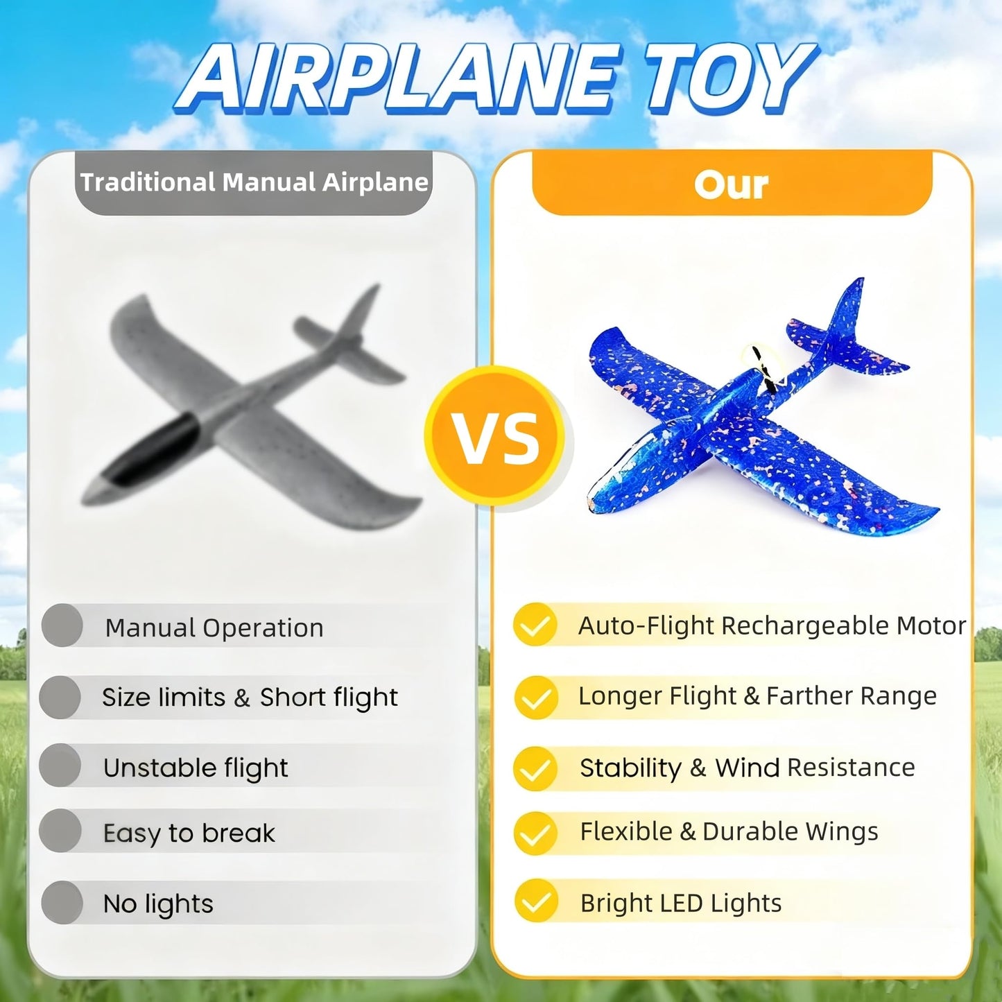 HSRBO 2 Pack Electric Foam Airplane Toy,Throwing Whirly Gliders Plaything Aeroplane with USB Charging and LED Glowing Outdoor Airplane Toys