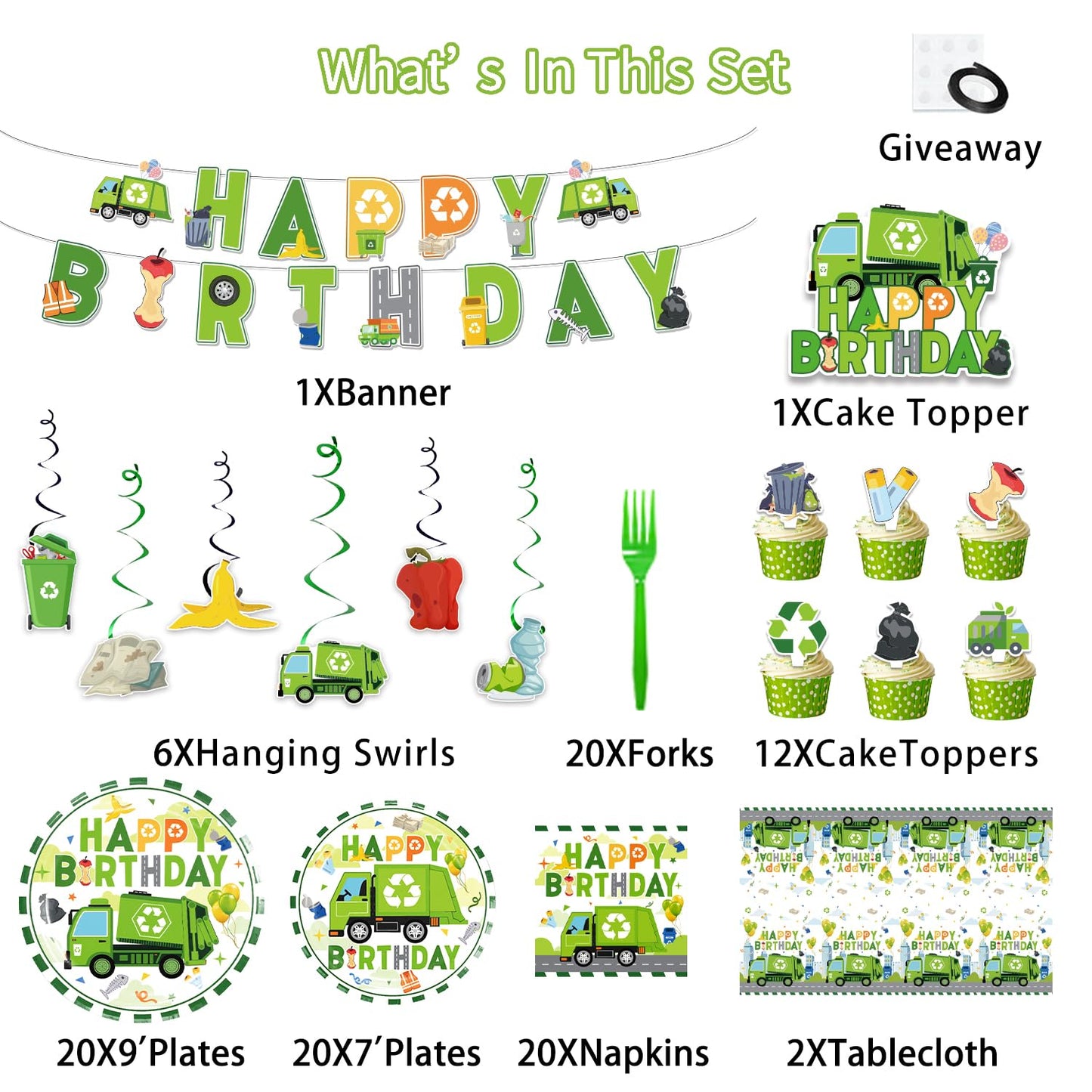 Diosnase Trash Truck Birthday Decorations, Garbage Truck Party Supplies for 20 Guests with Banner, Hanging Swirls, Tablecloths, Plates, Napkins