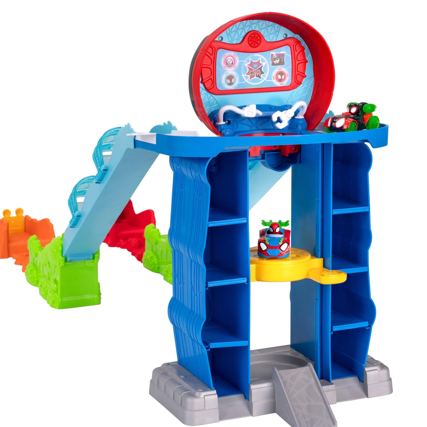 Marvel Spidey and His Amazing Friends Spidey’s Mega Jump HQ Track - 39-Inch Dual Race Track with Elevator, Control Center, Web Tunnels and Two