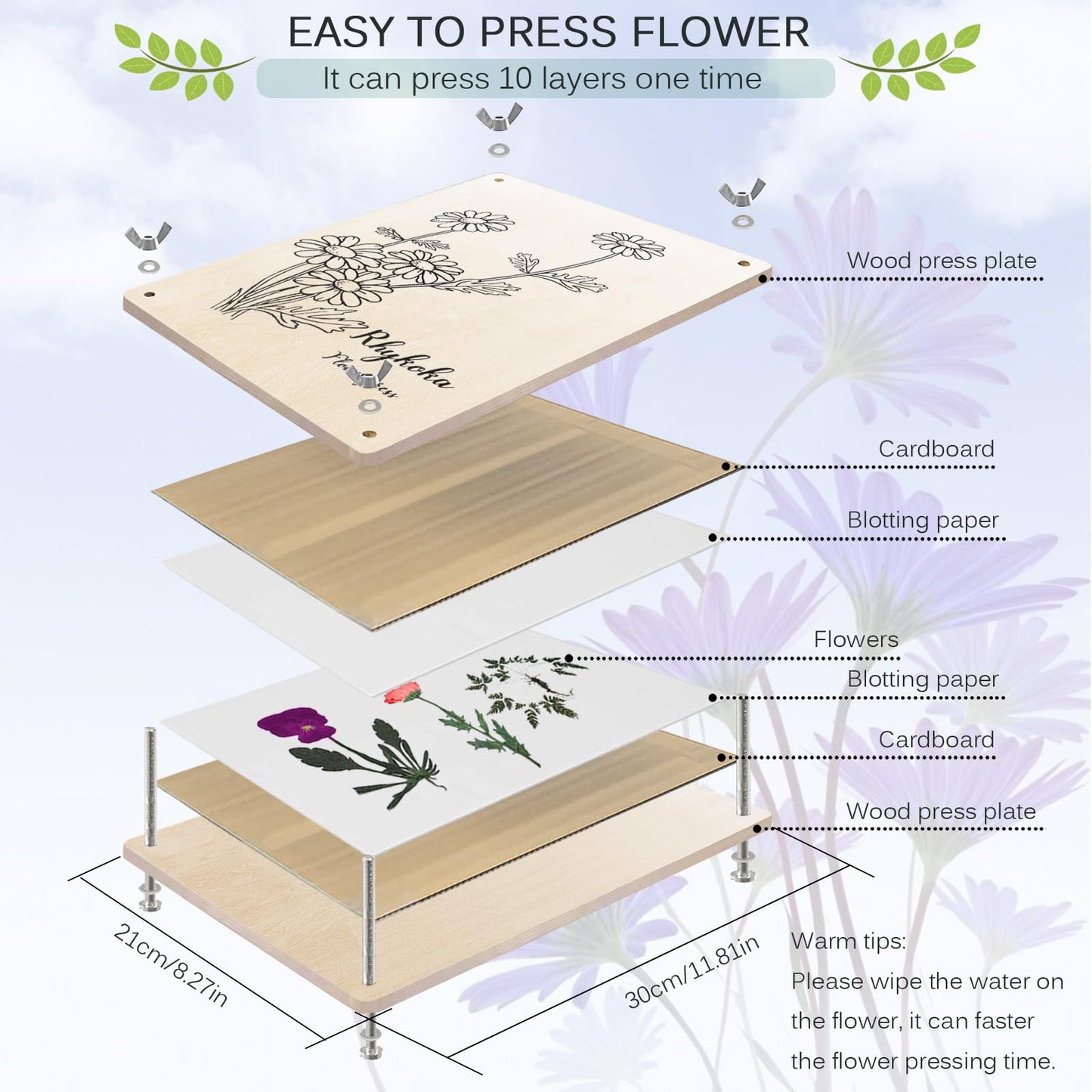 Rhykoka Large Flower Press Kit for Adults, 10 Layers 11.8 x 8.3 Inches DIY Wood Leaf Plant Press Kit, Great Gift for DIY Arts and Crafts Lovers (Light