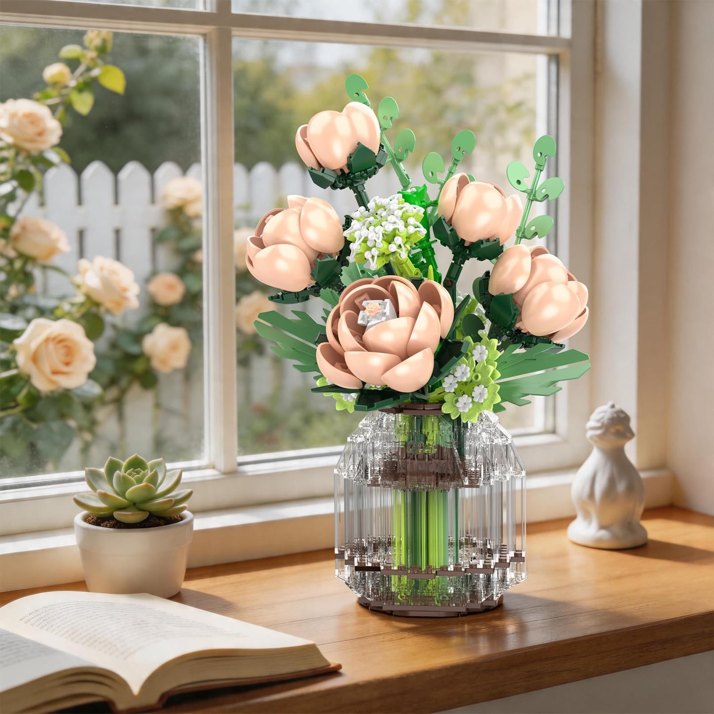 Mould King Botanicals White Roses Building Set - Artificial Plant & Flower Realistic Building Blocks for Women & Men, Adults - Home, Office Decor Gift