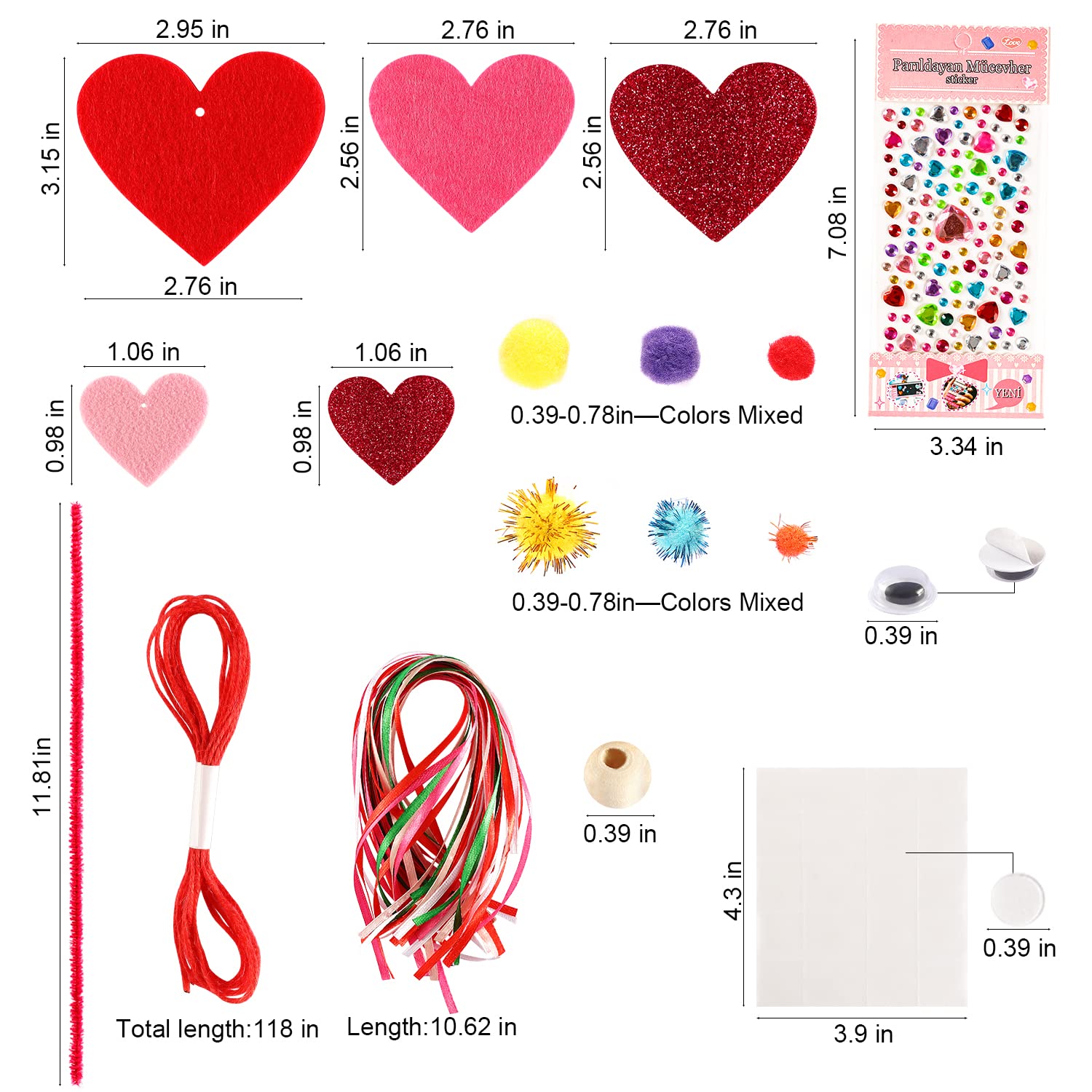 Valentine's Day Crafts for Kids - 361PCS DIY Heart Craft Set for School Gift, 108 Hearts, 50 Googly Eyes, 60 Pom Poms, 36 Wooden Beads, Craft Supplies