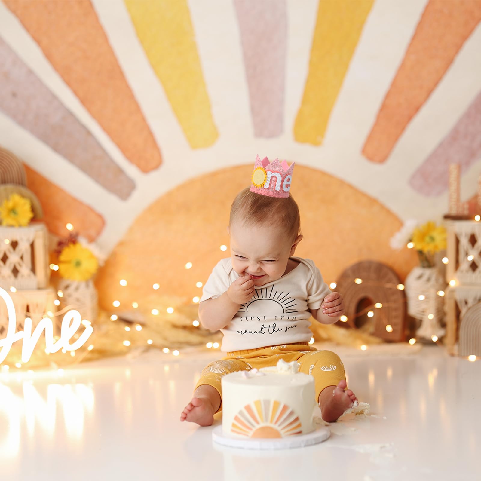 YOUAME Bohemian First Birthday Crown - Girl's 1st Trip Around the Sun Outfit, Sun Party Decorations (Pink)