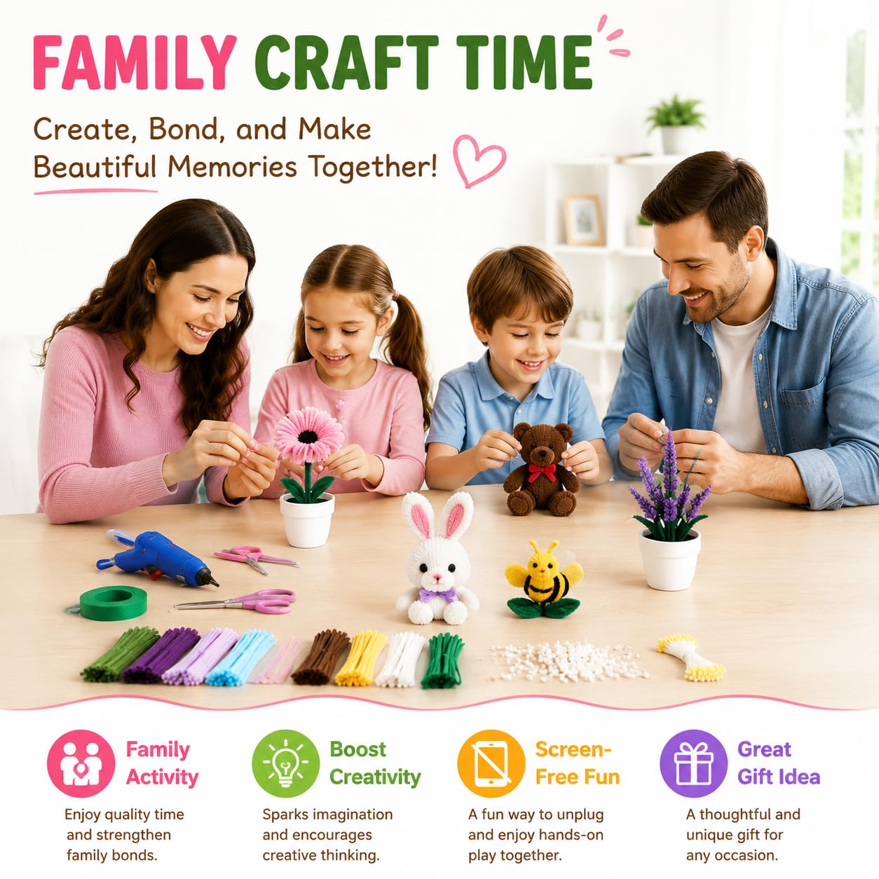 800 PCS Pipe Cleaners Bulk Flowers Kit, Pipe Cleaners Craft with Handle, 13 Colors Chenille Stems with Full Set of Tools, DIY Art Craft