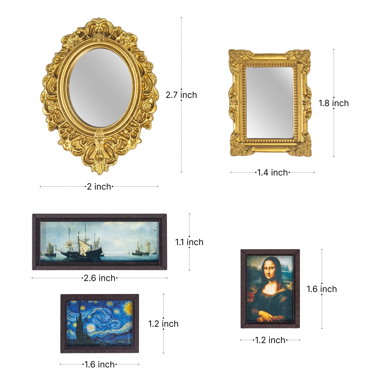 SAMCAMI Miniature Dollhouse Accessories, Mini Mirror and Mini Wall Art, 1/12 Scale Doll House Accessories and Furniture, Dollhouse Miniatures, 9