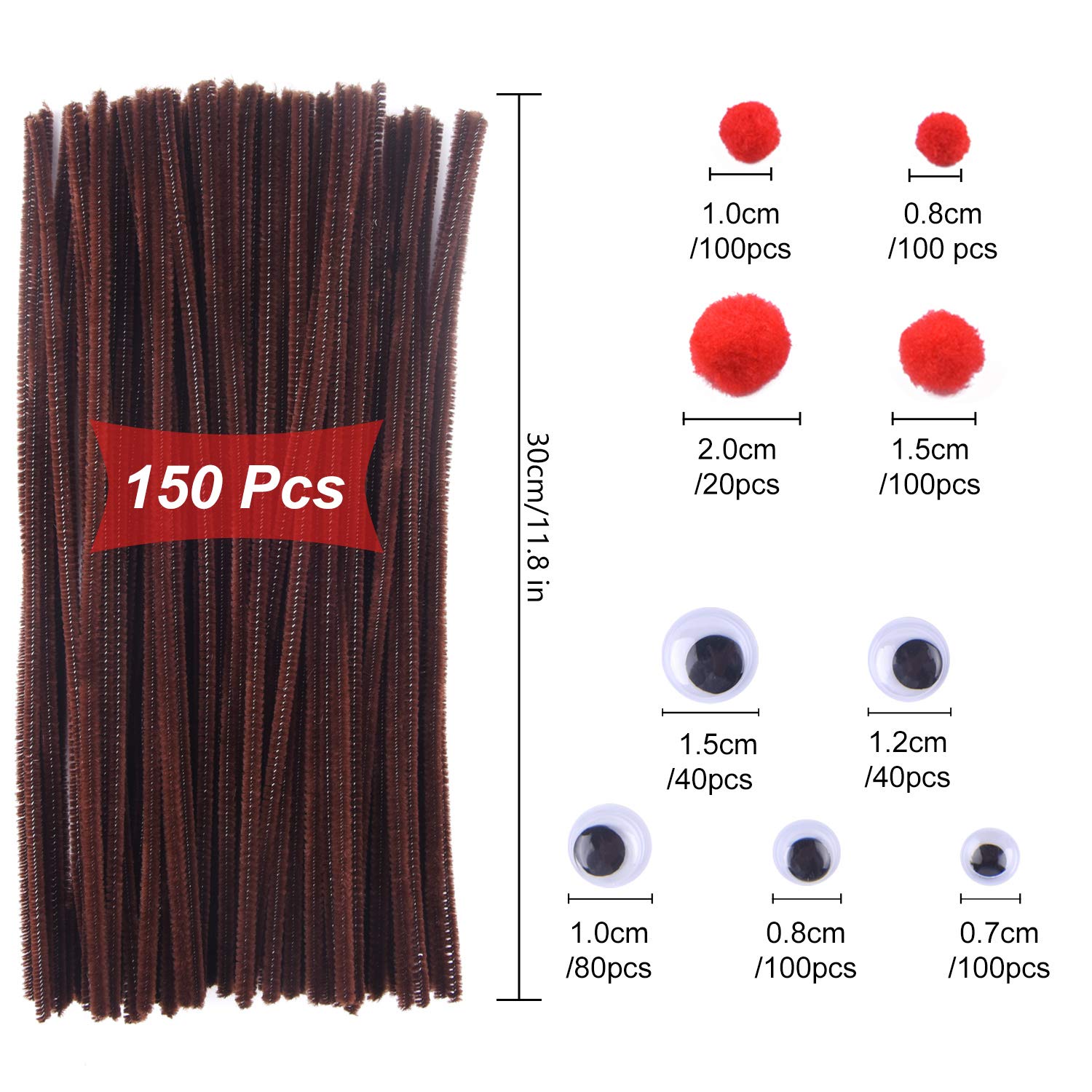 CHRORINE 830 Pcs Pipe Cleaners Craft Set, Brown Pipe Cleaners, Googly Eyes, Red Pom Poms for Christmas Reindeer DIY Crafts