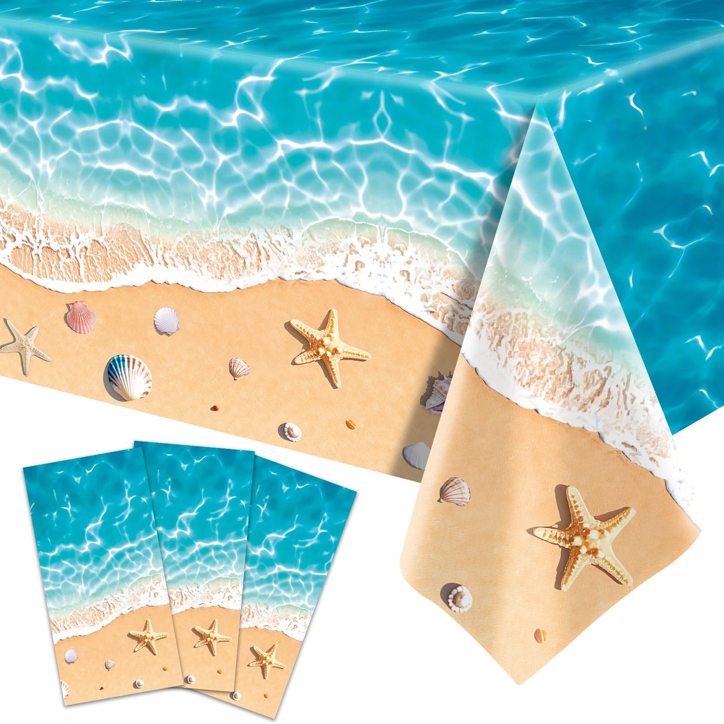 Temicle 3-Piece 54 x 108 Inch Beach Theme Plastic Tablecloth - Summer Ocean Wave and Seashell Design Disposable Rectangle Table Cover for Pool
