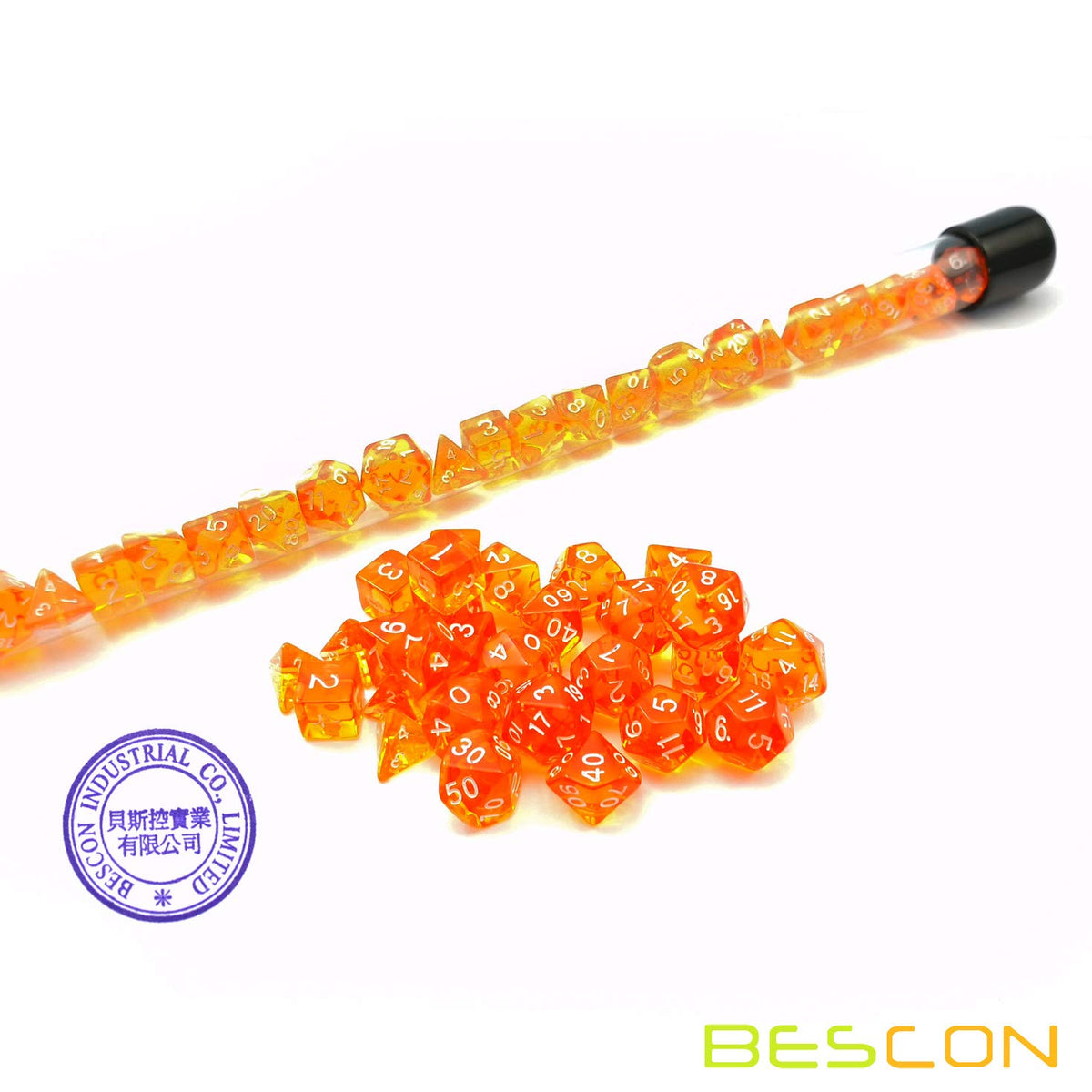 Bescon 28pcs Translucent Orange Mini Polyhedral Dice Set in Tube, Small Role Playing Polyhedral Dice 4X7pcs,Mini Gem Dice Set
